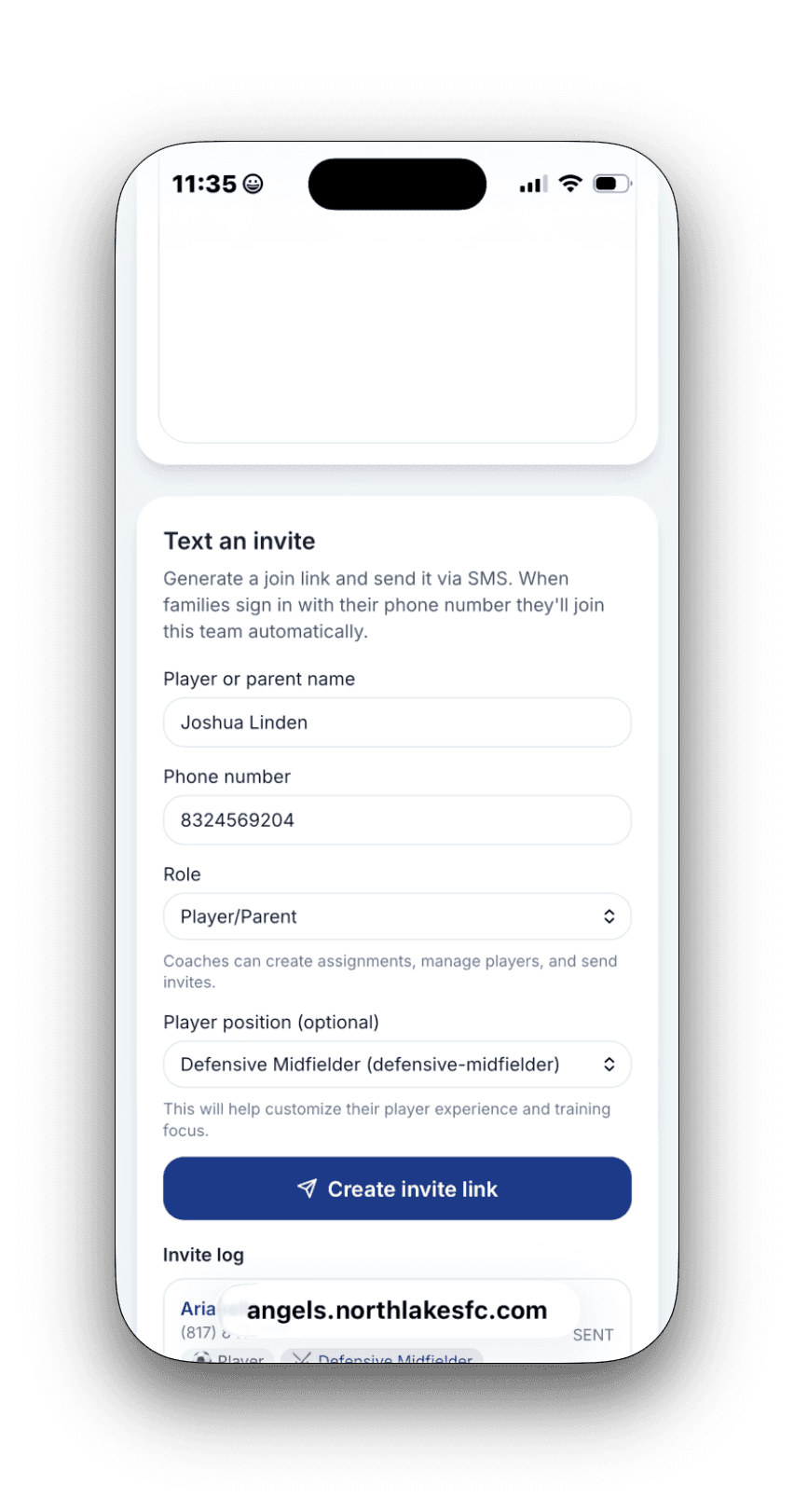 Simple invites feature screen on Teamflicks